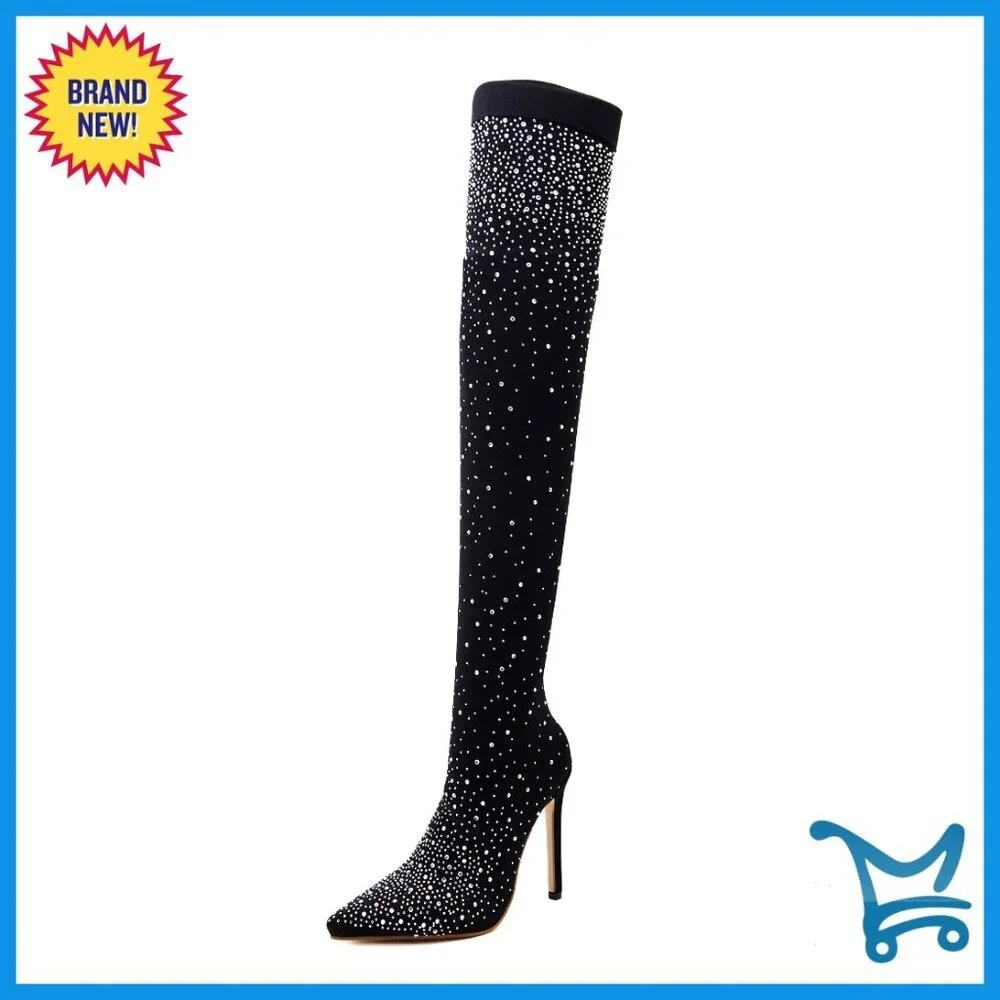 Stiletto Heel Over-the-Knee Boots with Rhinestones, Mesh Sock, Pull-On Fit